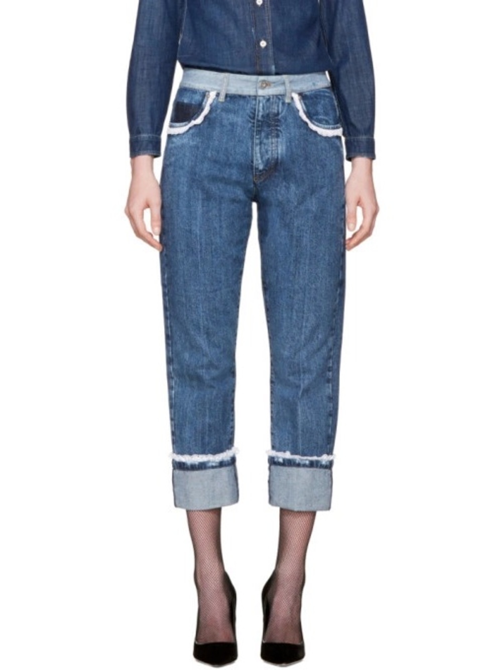 Miu Miu Blue Denim Boyfriend Jeans with Lace Trim